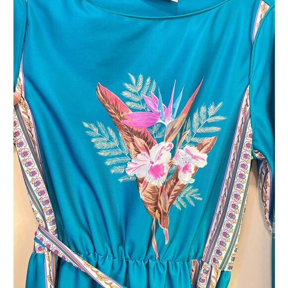 VTG Amy Deb Tropical Floral Dress Union Made  USA 1970'S Blue Belted Medium - Picture 5 of 7